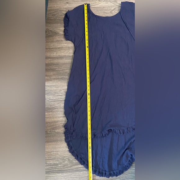 NWOT, Umgee Linen Blend Round Neck Navy Dress w Pockets Fringed Assymetrical Hem - Picture 13 of 13